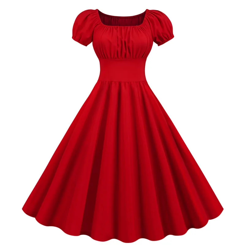 Frauen Vintage Kleid Robe Elegante Party Casual Büro Midi Kleid Femme Sommer Puff Hülse Quadrat Kragen Solide Rot