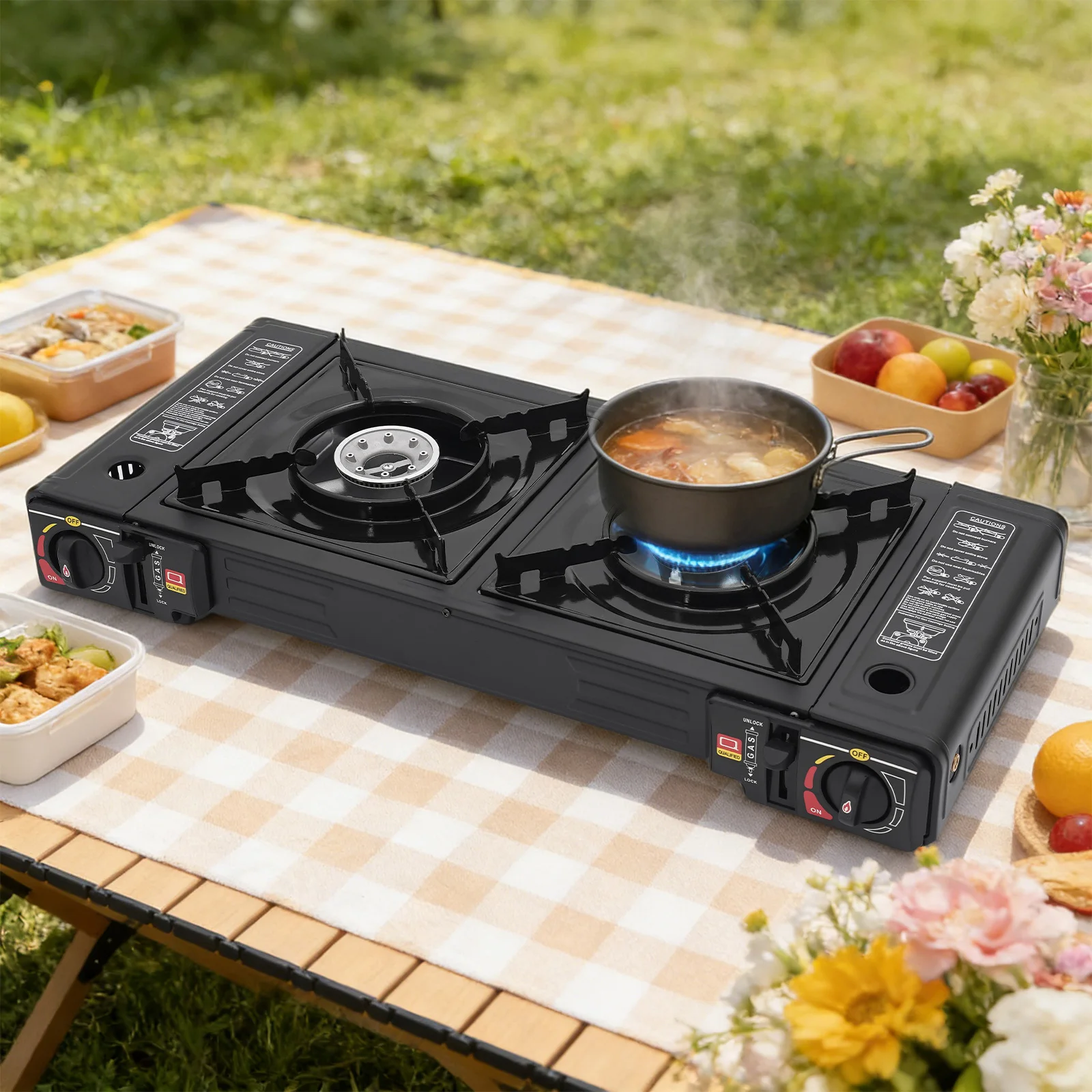 Tragbarer Campingkocher 2500W Doppelbrenner Gaskocher mit Backblech & Tragetasche für Outdoor-Camping Picknick Wohnmobil Terrasse Kochen Image