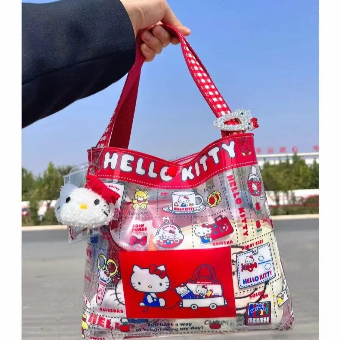 Hello Kitty Transparente Umhängetasche aus PVC, große Kapazität, Tragetasche, niedliche Kawaii-Einkaufstasche für Schüler, wasserdicht