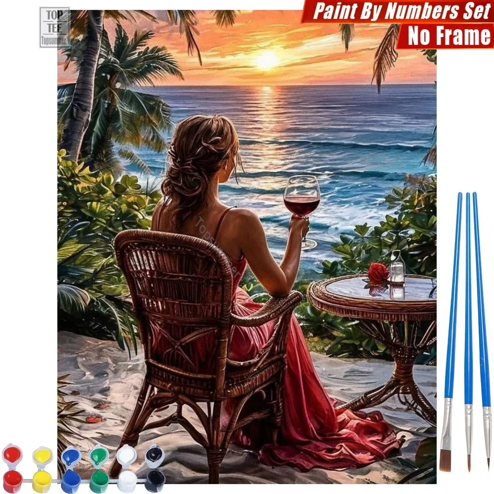 Rotes Kleid Frau DIY Digitales Ölgemälde-Set - Sonnenuntergang Wein Meer Qualität Familiestunde Weihnachtsgeschenk für Oma