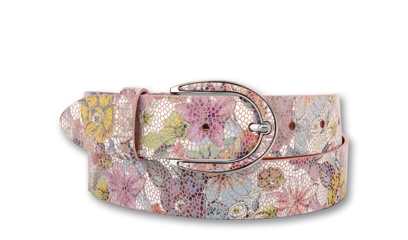 Ledergürtel BERND GÖTZ "Ledergürtel mit appliziertem Flowermotiv auf Schließe", Damen, Gr. 90, design 501, Rindsleder, Gürtel Ledergürtel Image