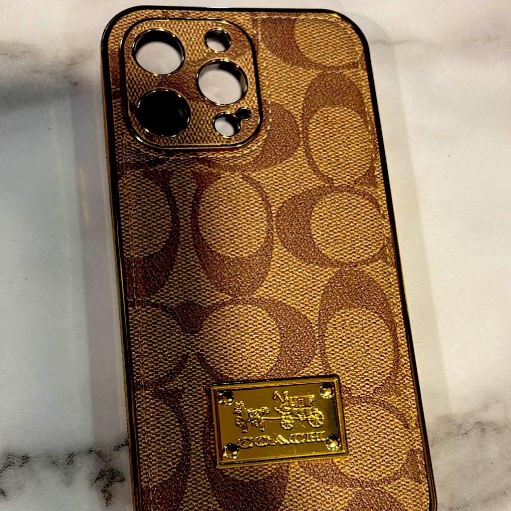 Coach Cell Phones & Accessories | Coach Brown Signature Monogram Phone Case With Gold Plaque | Color: Brown/Gold | Size: I Phone 14 Pro Max