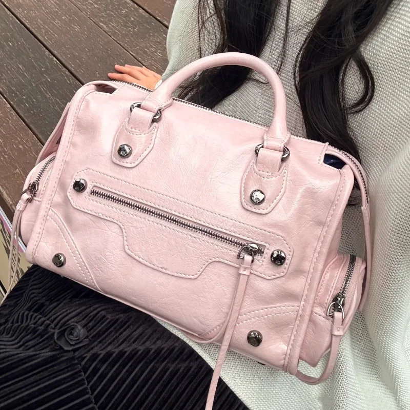 Marken-Retro-Motorradtasche mit mehreren Taschen, modisches Quasten-Design, Umhängetasche, rosa, mit Reißverschluss, Punk-Lederhandtasche