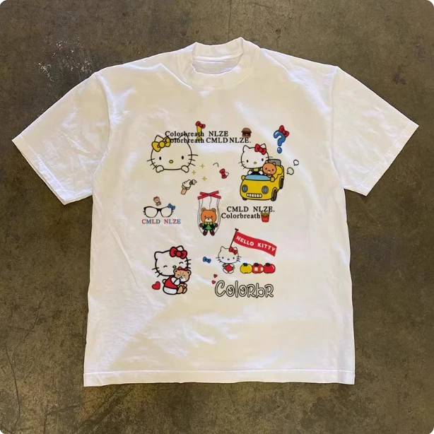 Sanrio 2026 Sommer-Comic-Design Hello Kitty Motiv 100% Baumwolle Bedrucktes Freizeit-T-Shirt für Erwachsene und Kinder Eltern-Kind-Oberteil Freizeitkleidung