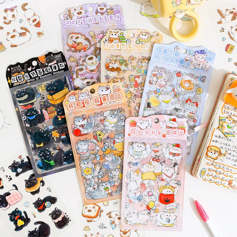 1/6 Stück kleine Katzen-Aufkleber für Tagebuch, Planer, Sammelalbum, Kawaii-Cartoon-Dekoration, wasserfestes Haustier-Aufkleberpaket (4/24 Blatt) Image