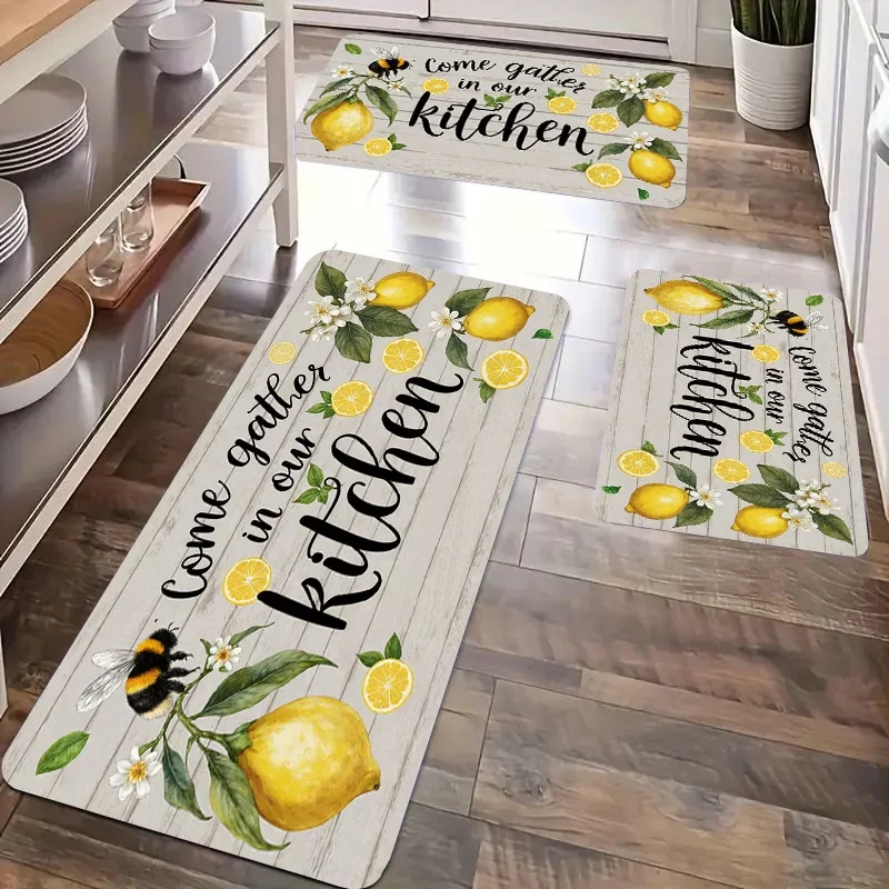 Moderner, weicher, selbstklebender Teppich für Badezimmer und Schlafzimmer mit Zitronen- und Honigbienen-Motiv, maschinenwaschbare Matte, weiche Matte für den Badebereich und als dekorativer Teppich Image