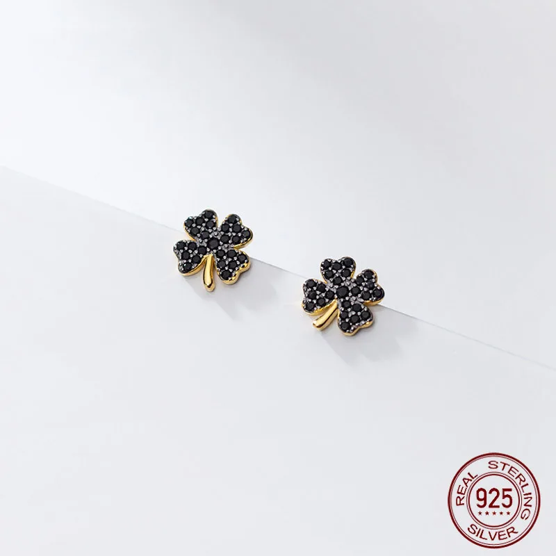 Orecchini in argento 925 per donna orecchini in argento 925 con trifoglio per ragazze orecchini a bottone per donna zircone nero irregolare Daily Lucky