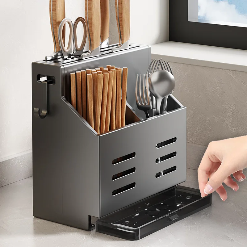 Küchenmesserhalter Wandmontierte Stäbchenaufbewahrungsbox Edelstahl-Löffelkorb Integriertes Bohrerfreies Abtropfgestell Image