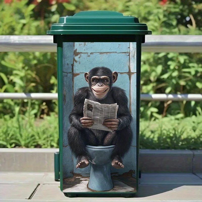 1 lustiges Etikett mit schwarzem Affe, der Zeitung liest, für den Mülleimer, Größe 14,58 x 32,28, selbstklebendes PVC-Etikett, kreatives Etikett Image