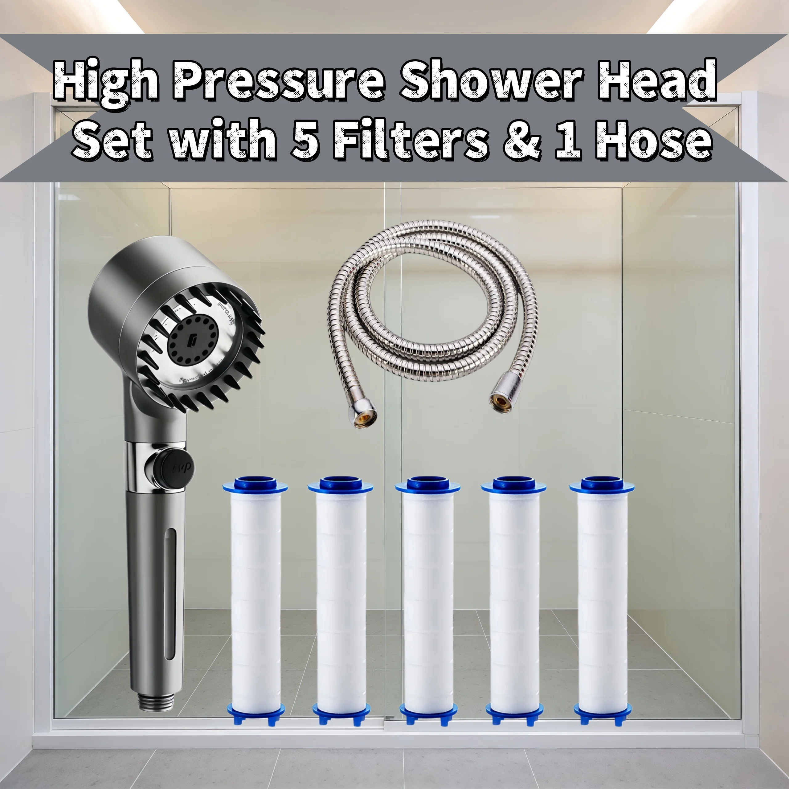 7-teiliges Graues Hochdruck-Wasserspar-Duschkopf-Set mit 3 Modi, Einstellbarer Ein-Knopf-Wasserstopp, Hartwasserfilter mit 5 Filterelementen, 59 Zoll Image