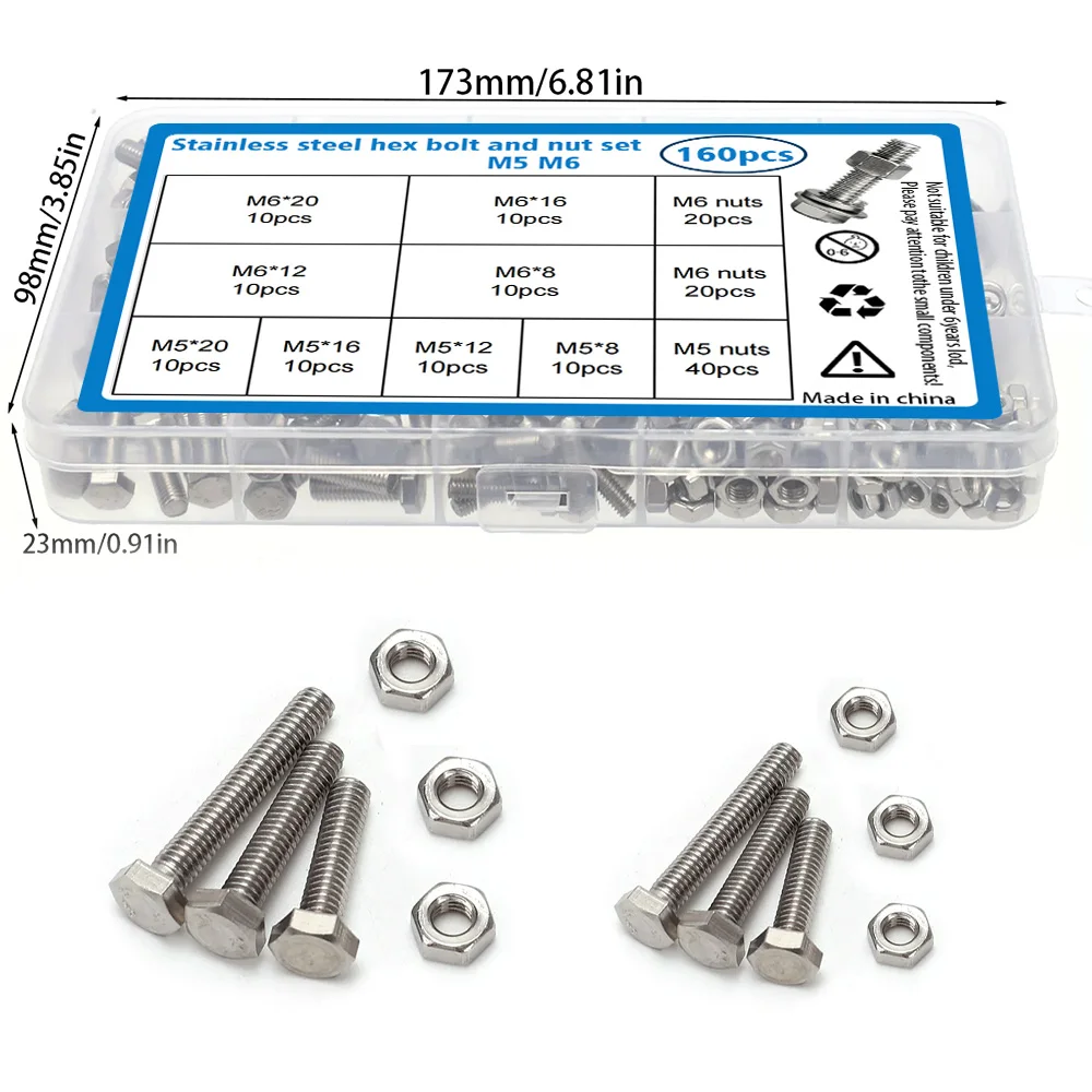 160-teiliges Set aus Edelstahl-Sechskantschrauben und -muttern, M5 und M6, Längen 8 mm, 12 mm, 16 mm und 20 mm. Image