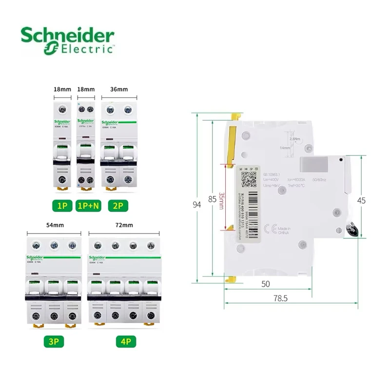 Schneider Leistungsschalter Luftschalter IC65N C25 1P+N C20A 2P 3P C25A 3P C63A 4P 1A 2A 4A 6A 10A 16A 20A 25A 32A 40A 50A 63A Image