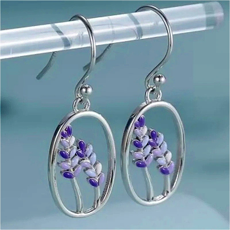 Lila Blumen-Ohrringe im Bohemian-Stil mit silbernem Anhänger für Damenmode, elegante Schmuckaccessoires für Bankette, Hochzeiten und Jubiläen Image
