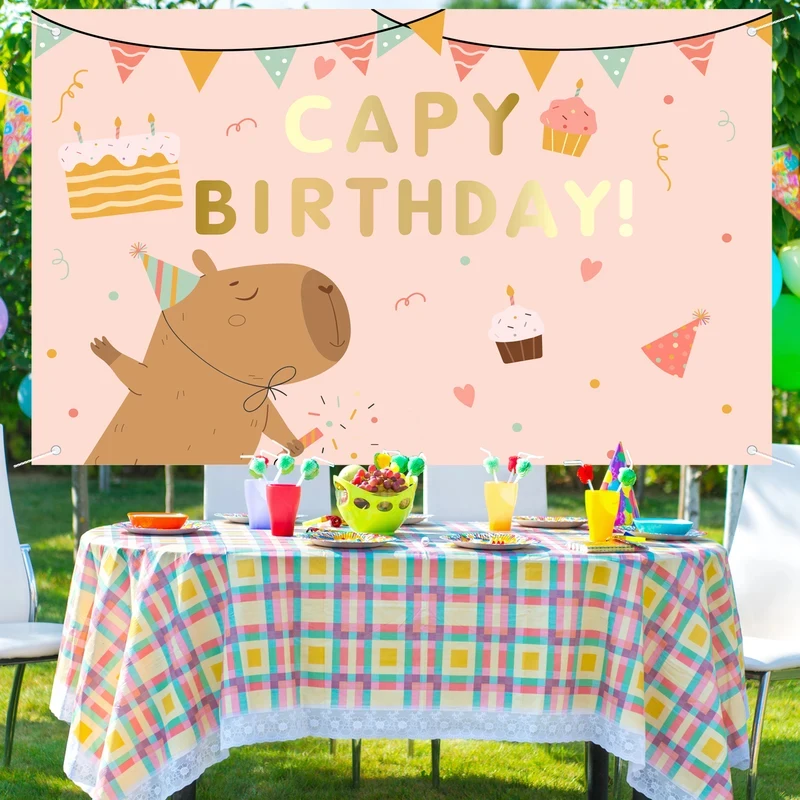 1 Stück, 2D flacher, rosafarbener Geburtstagshintergrund mit Capybara-Motiv, geeignet für hängende Dekorationen auf Geburtstagsfeiern, wsj Image