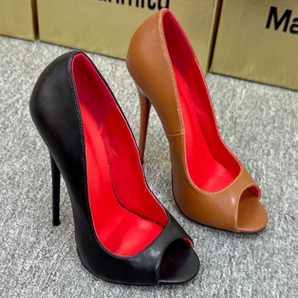 Matte Leder-High-Heels mit 16 cm Absatz, Damenpumps, handgefertigte kleine Fishmouth-Schuhe, flacher Absatz, zum Hineinschlüpfen, Größe 46, Braun, Schwarz, individuelle Farben