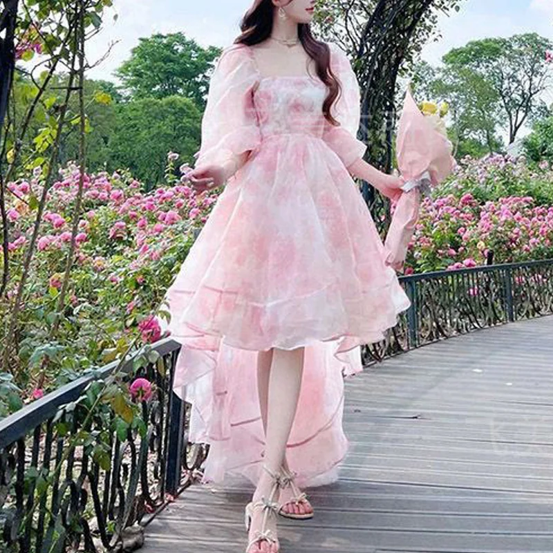2026 sommer Casual Strand Party Kleid Chic Vintage Floral Süße Midi Kleid Frauen Unregelmäßige Elegante Puff Sleeve Fee Kleid