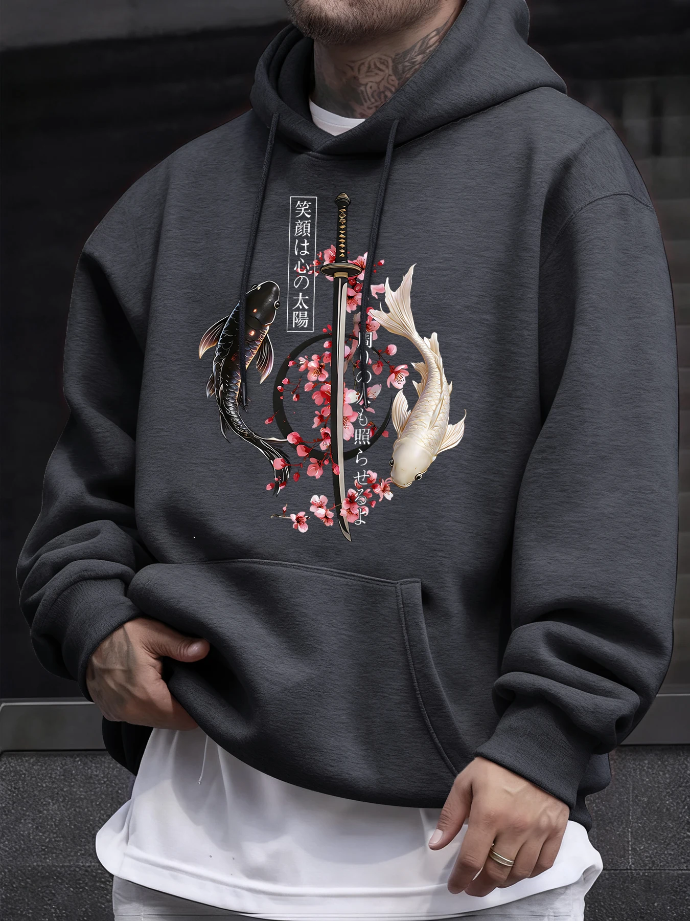 Schwarz-Weiß Koi Kirschblüten-Säbel-Print Herren Hip-Hop Hoodie Lässiger Lockerer Langarm Fleece Basic Pullover Klassisches Alltags-Oberteil