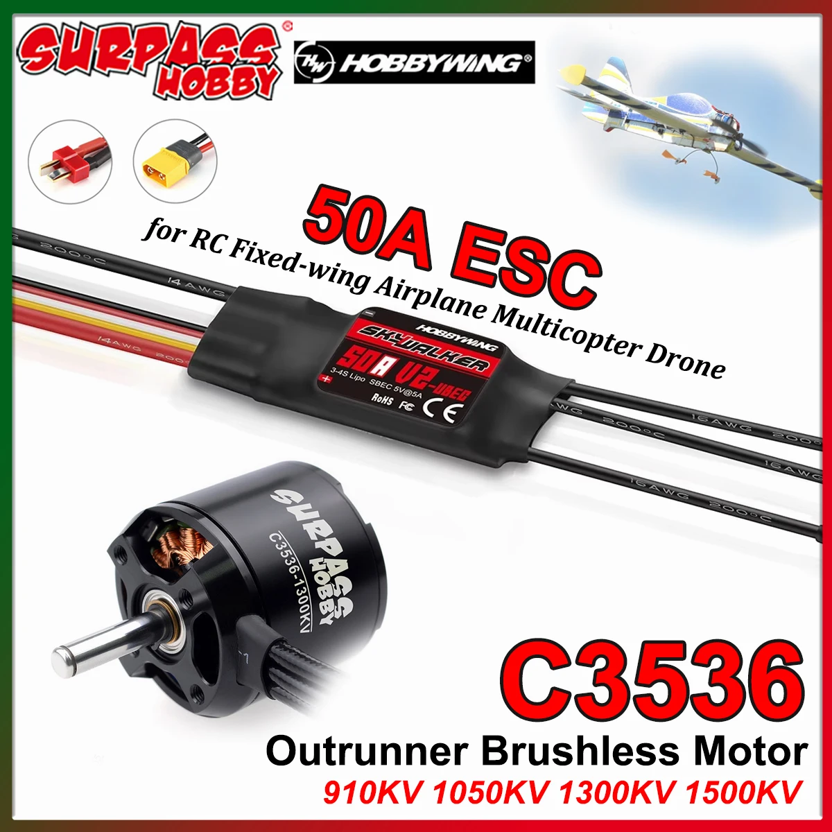 SURPASS HOBBY 3536 910/1050/1300/1500KV Outrunner Brushless Motor Hobbywing 50A ESC für RC Flugzeuge, Multicopter und Drohnen