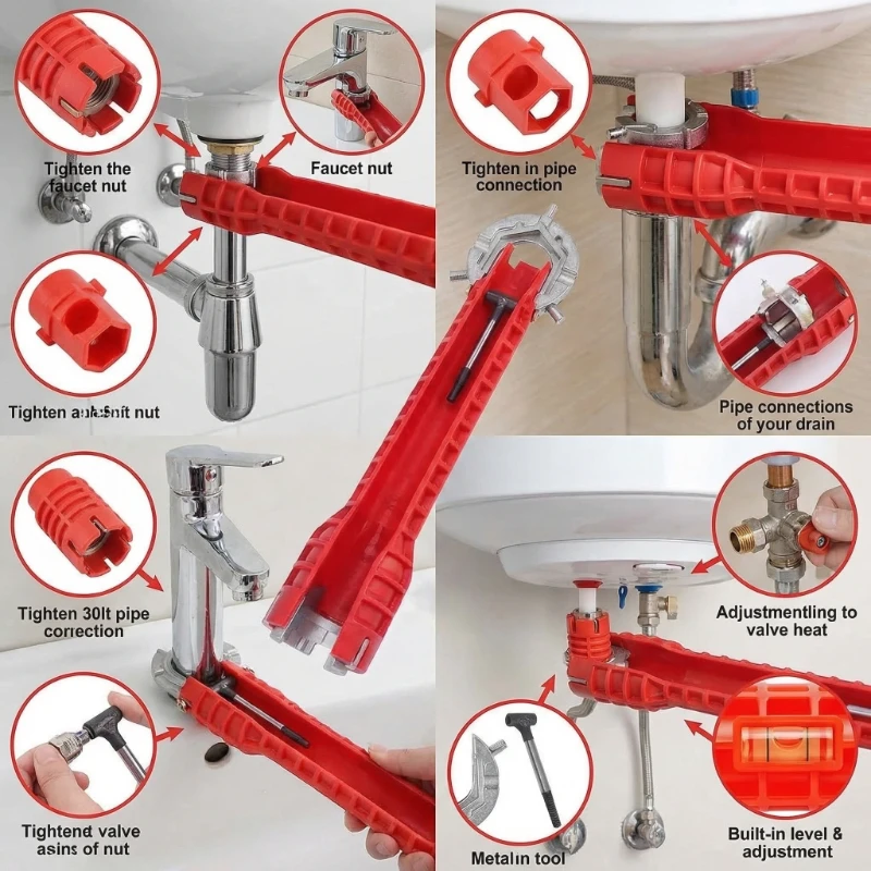 14-in-1-Wasserhahn-Schlüssel, Sanitär-Reparaturwerkzeug, rutschfester Griff, Doppelkopf-Schlüssel, Badezimmer-Sanitär-Wasserheizer-Schraubenschlüssel