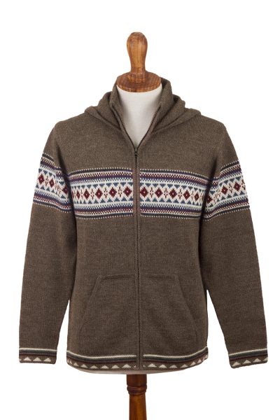 Aventura,'Men's 100% Alpaca Brown Geometric Hoodie Jacket from Peru'