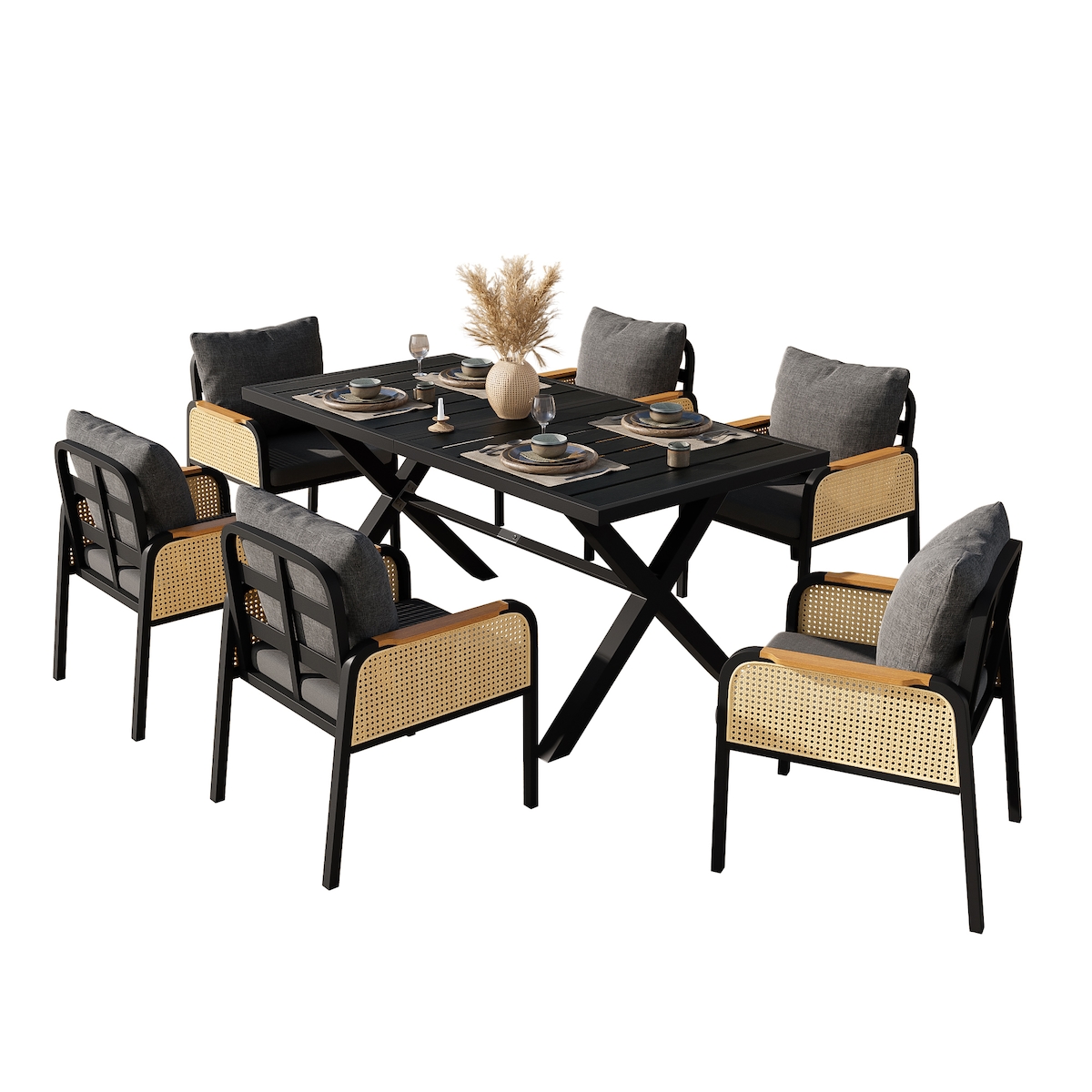 Merax Garten Essgruppe 6 Personen, Outdoor Möbel Set mit Tisch & Stühlen, Kunststoffholz Tischplatte, Stahl, Rattan Armlehnen, Schwarz Image