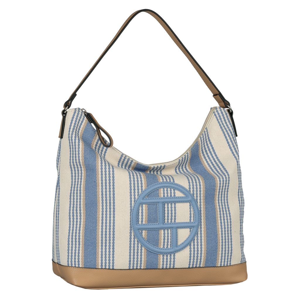 Hobo TOM TAILOR "Gilda", Herren, Gr. B/H/T: 31cm x 30,5cm x 12cm, stripes blau, Baumwolle, Lederimitat, kontrastfarbene Details, Taschen Hobo, Damen Tragetasche, Schultertasche mit großem Tom-Tailor-Logo