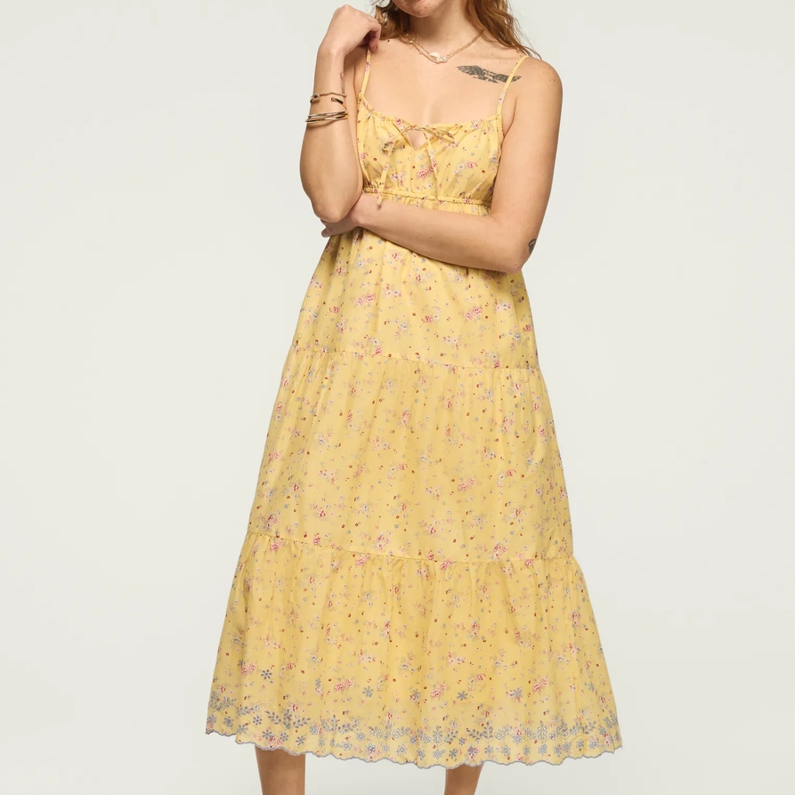 Lucky Brand Printed Eyelet Tiered Midi Dress - Women's Clothing Dresses Shirt Midi Dress in Yellow Floral, Size XS