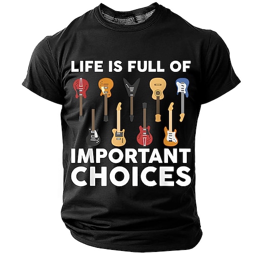 Das Leben eines Mannes ist voller wichtiger Entscheidungen. Gitarrenkollektion – Grafik-T-Shirt mit lustigem, sarkastischem Gitarristen- und Musiker-Motiv – Geschenkidee. Schwarz, normale Passform, Image