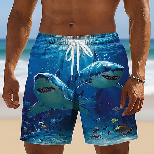 Herren Hai Ozean Meeresbewohner Badehosen Badeshorts Boardshorts Mittlere Taille Hawaiianisch Strandurlaub Seitentaschen Netzfutter Elastischer Kordelzug in der Taille Designer Bekleidung Image