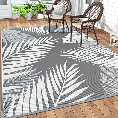 wasserfester Outdoor-Teppich 5x8, wendbarer Teppich aus Kunststoffstroh für Terrasse, Camping, drinnen und draußen, Wohnmobil-Matte, für Terrasse, Wohnwagen, Veranda, Balkon, Garten, Picknick, Image