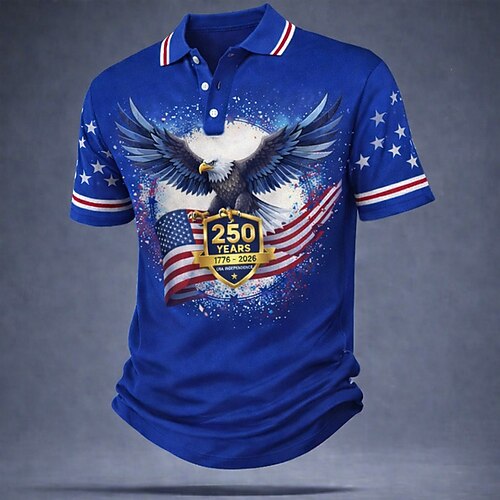4. Juli 2026 250. Herren Amerikanische US-Flagge Poloshirts Kurzarm Polo-Shirts Hemden mit Kragen Lässig Streetwear Athleisure Knöpfe Atmungsaktives Gewebe Frühling Sommer Blau Rote Grau Image