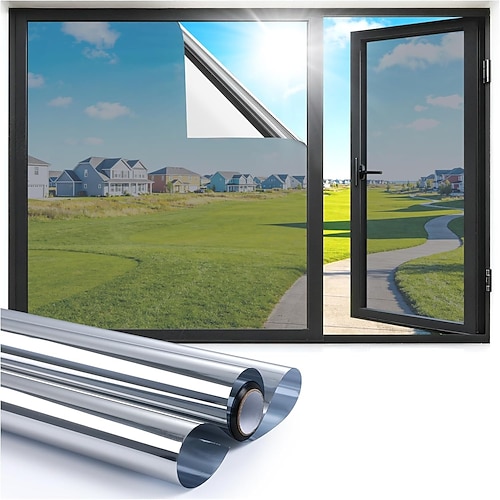 Einseitig durchsichtige Sichtschutzfolie für Fenster, Fensterfolie für Zuhause mit Zubehör, statisch haftend, abnehmbar, UV-beständige, reflektierende Spiegelfolie, die vor Sonneneinstrahlung und Image