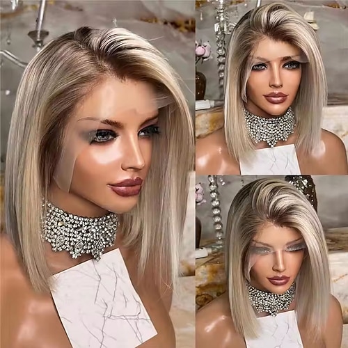 Echthaarperücke (5x5 Closure, 13x4 Lace Front), kurzer Bob, freier Scheitel, brasilianisches Echthaar, glatt, aschblond, Ombré, mit Babyhaaren, natürlicher Haaransatz, 100 % unbehandeltes, kleberloses Image