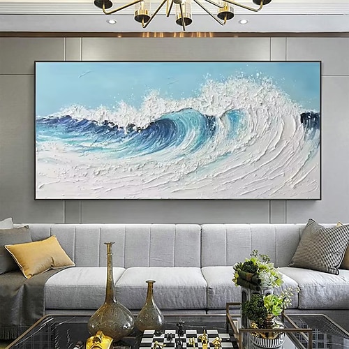 Mintura handgefertigte 3D-Ölgemälde mit weißen Wellen auf Leinwand, moderne abstrakte Landschaftsbilder mit Textur für die Wanddekoration, gerollt, rahmenlos, ungespannt Image