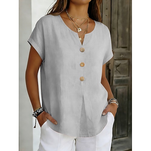 Damen Bluse Kunstbaumwollleinen Knöpfe Einfarbig Stilvoll Basic Lässig Kurzarm V Ausschnitt Normale Oberteile Täglich Blau Schwarz Weiß Rosa Purpur Sommer Frühling Image