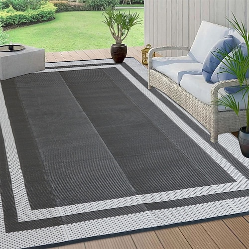 Wasserdichter Outdoor-Teppich 152 x 244 cm, wendbarer Kunststoffteppich, moderner Teppich, große Fußmatte für draußen, Wohnmobil, Terrasse, Garten, Veranda, Picknick, Strand, Camping, grau Image