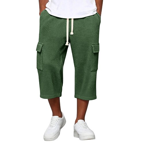 Herren Waffel-Shorts Cargo-Shorts Caprihose Shorts Freizeitshorts Tasche Elastischer Bund Rein Einfach Einheitliche Farbe Komfort Atmungsaktiv Wadenlang Lässig Outdoor Strand Urlaub Mode Schwarz Weiß Image
