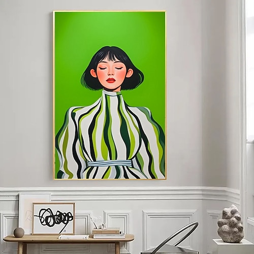 Handgemaltes smaragdgrünes abstraktes Ölgemälde eines Mädchens, großes Wandbild, zeitgenössisches Kunstwerk, minimalistisches Gemälde, Wohnzimmerwandbild, gestreiftes Frauengemälde Image