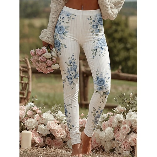 Damen Leggings Gemütliche Leggings Urlaub Vintage Basic Volle Länge Hohe TaillePantsWeihnachten Blumen Drucken Bequem Dehnbar Lässig Täglich Outdoor Blau Weiß Rosa Grün Frühling Herbst Schmale Image