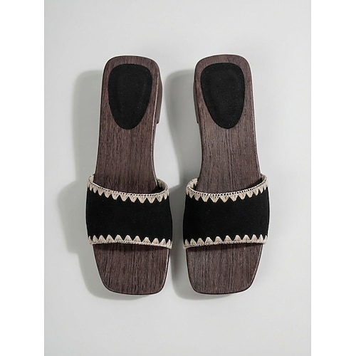 Schwarze, flache Damen-Sandalen – bequeme Sandalen mit eckiger Zehenpartie für Outdoor-Urlaube und Sommerreisen gemütliche Strandspaziergänge Image