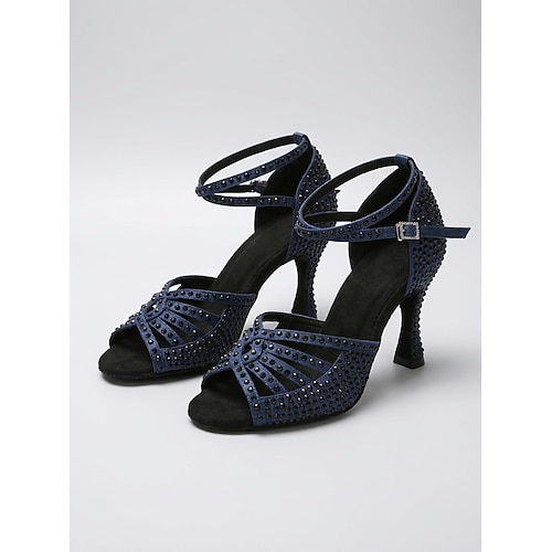 Damen-Lateintanzschuhe mit goldenen Strasssteinen, Riemchendesign, glitzernder Salsa-Absatz Ballsaal-Tanzschuhe für Auftritt und Training Party Image