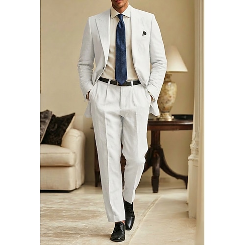 Herren Leinenanzüge Business-Anzüge Lässig Hochzeit Weiß Rosa Frühling Sommer Jacke Steigendes Revers Mode Täglich Einfarbig Figurbetonter Schnitt 2-teilig Einreihige Zwei-Knopf-Jacke Image