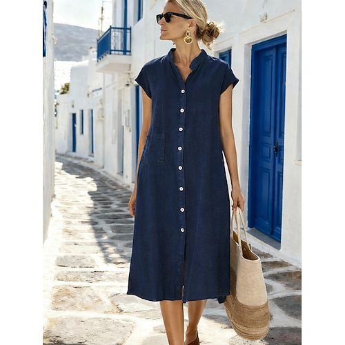 Damen Midikleid Shiftkleid Sommerkleid Lässig Täglich Lässiger Schnitt Einfach Kurzarm Hoher Ausschnitt Wein Marineblau Grau Sommer Image