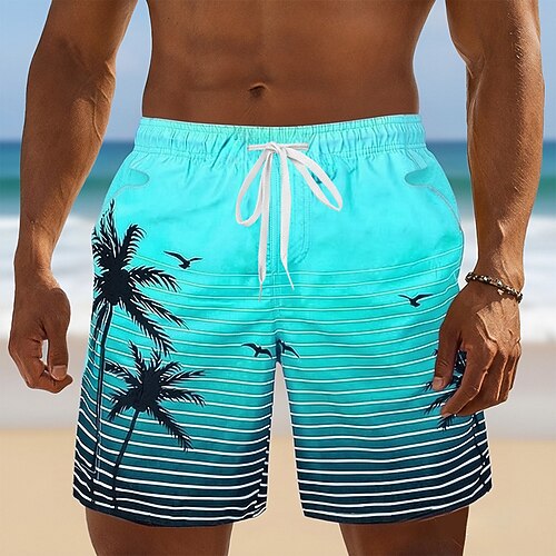 Herren Kokospalme Gestreift Tropische Pflanzen Badehosen Badeanzüge Badeshorts Boardshorts Mittlere Taille Hawaiianisch Strandurlaub Seitentaschen Netzfutter Elastischer Kordelzug in der Taille Image