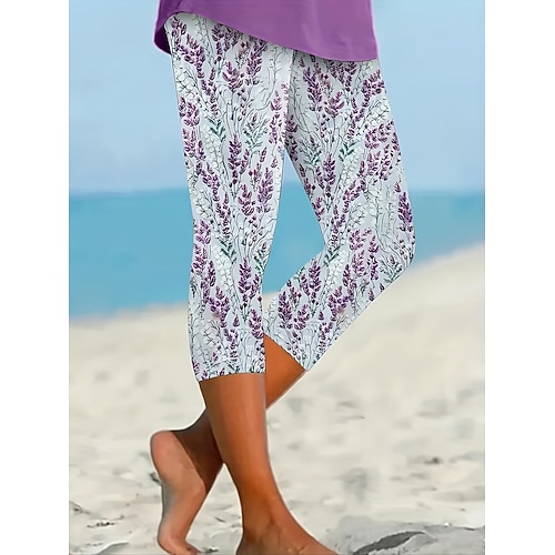 Damen Chinos Leggings Urlaub Streetwear Lässig Capris Hohe Taille Blumen Grafik Drucken Komfort Weich Bequem Dehnbar Täglich Outdoor Urlaub Purpur Sommer Frühling Herbst Normale Passform Image