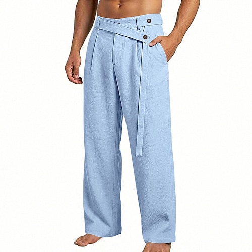 Herren Leinenhosen Hose Sommerhose Elastischer Bund Gerader Schnitt Einfach Komfort Atmungsaktiv Volle Länge Lässig Strand Ferien Mode Designer Blau Schwarz Mikroelastisch Image