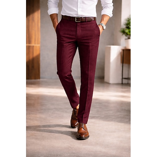 Herren Baumwolle Leinen Anzughose Freizeithose Geschäft Hochzeit Vintage Klassisch Zeitlos Formell Burgunderrot Dunkelmarine Dunkelgrün Frühling Sommer Sommer Hosen Einfarbig Schmale Passform Lang Image