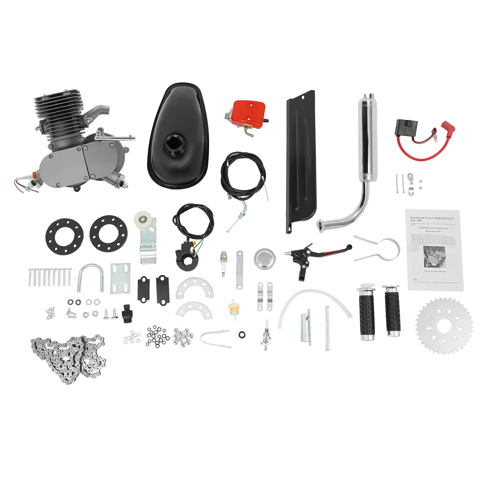 Kit Motore per Bicicletta 100CC, Pignone a 36/44 Denti, Kit Motore a Gas a 2 Tempi per Biciclette da Montagna e Strada con Telaio a V da 26-28 Pollici
