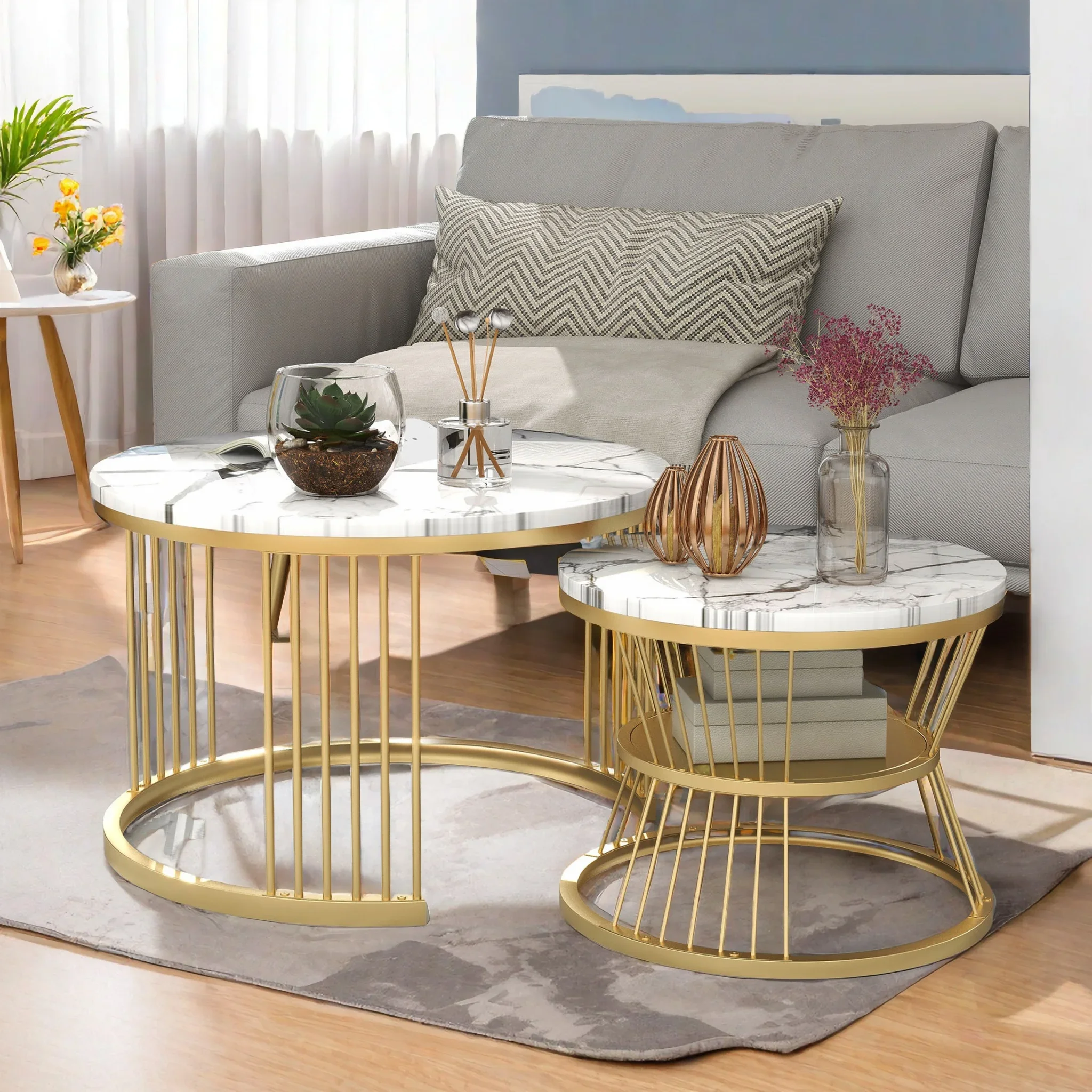 Set di 2 tavolini da caffè moderni con contenitore, set di tavolini con impiallacciatura in marmo, tavolini laterali per divano, tavolini rotondi