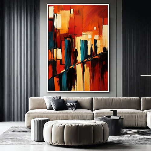 Großes, handgemaltes, abstraktes Stadtbild in Öl, strukturierte Impasto-Technik, farbenfrohe Wandkunst, großes Original-Impasto-Wandbild mit farbenfrohem Stadtspaziergang, hochwertige Wohndekoration, Image